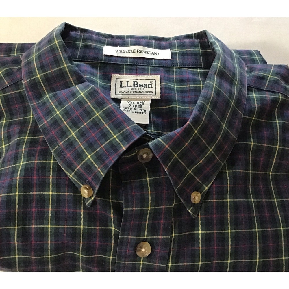 L.L. Bean Shirt Mens Button Down Wrinkle Resistant Navy Tartan  Plaid L/S XXL